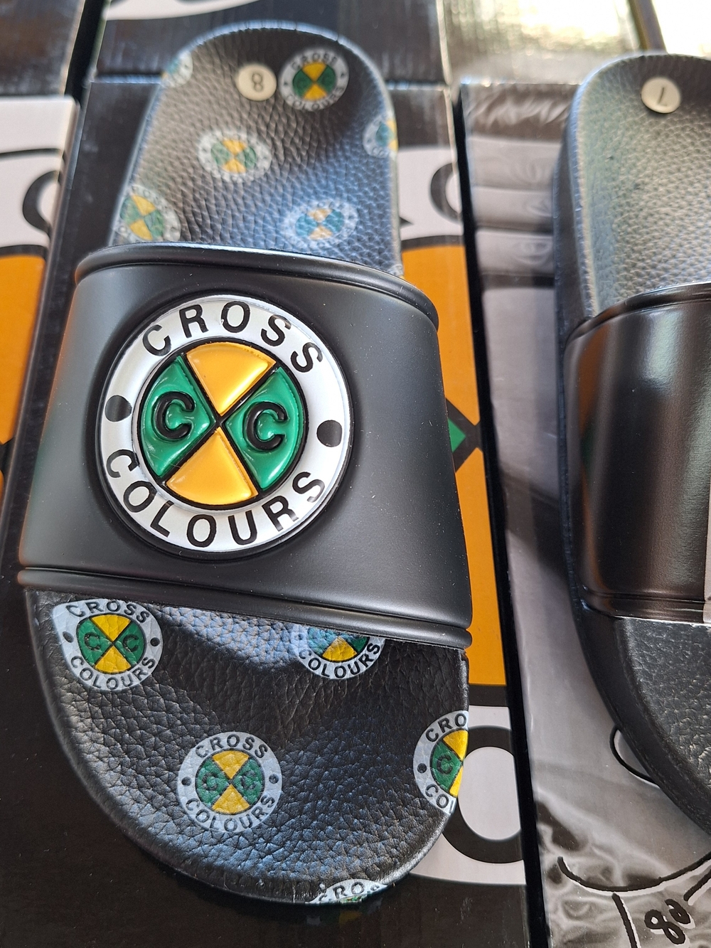 Womens Black Cross Colour Slides with Green & Yellow Logo